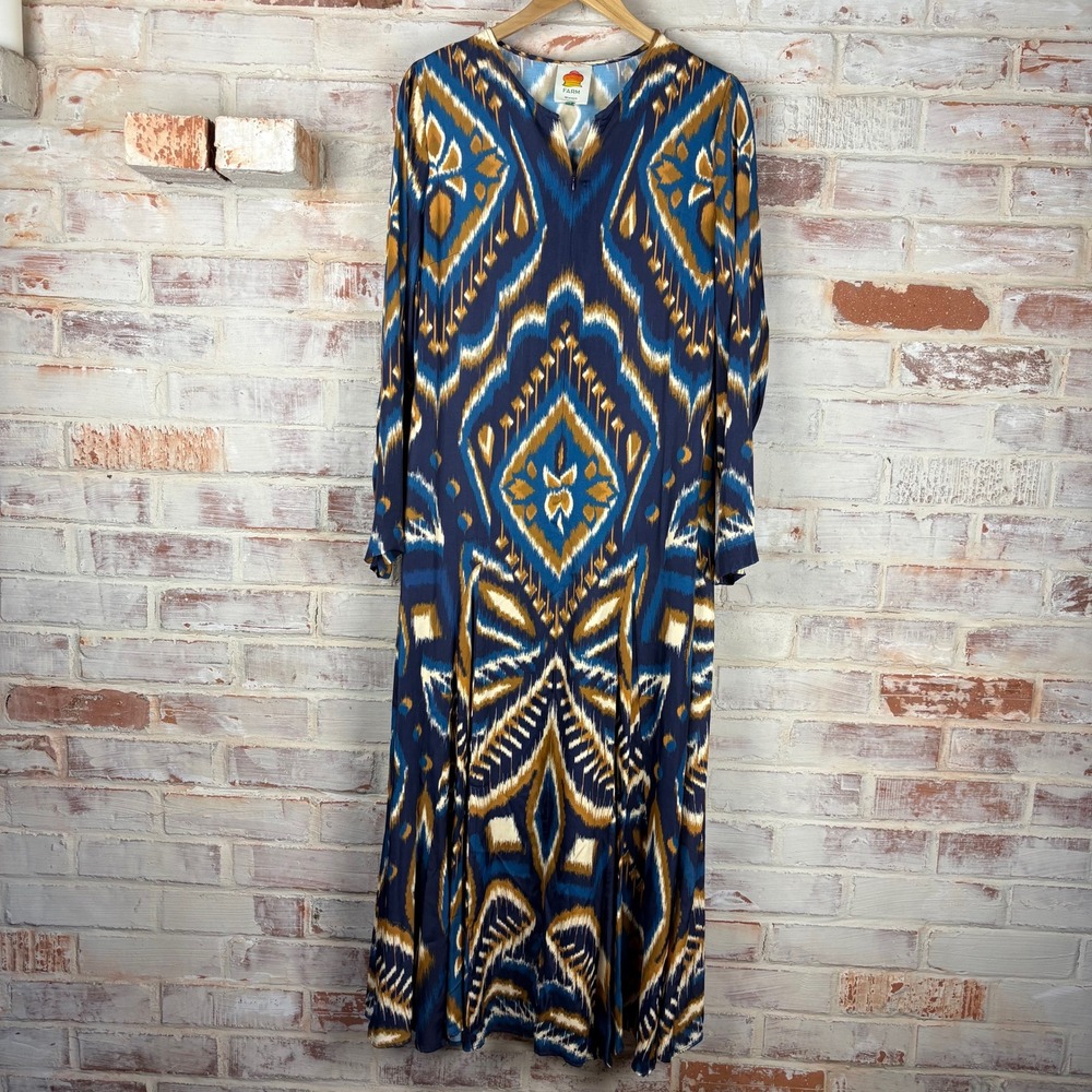Farm Rio Blue Gold Pineapple Ikat Long Sleeve Maxi Dress L Boho Tribal Statement - Picture 1 of 11